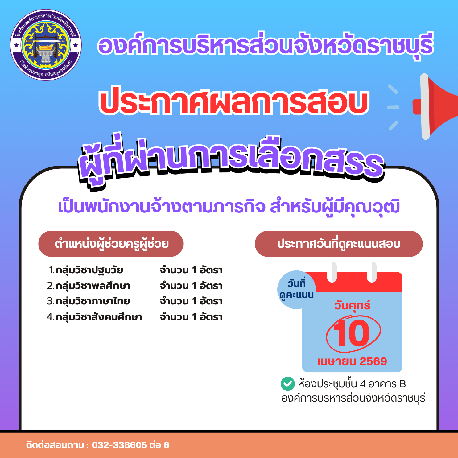 ประกาศผลการสรรหาพนักงานจ้างตามภารกิจ สำหรับผู้มีคุณวุฒิ (ตำแหน่งผู้ช่วยครูผู้ช่วย)